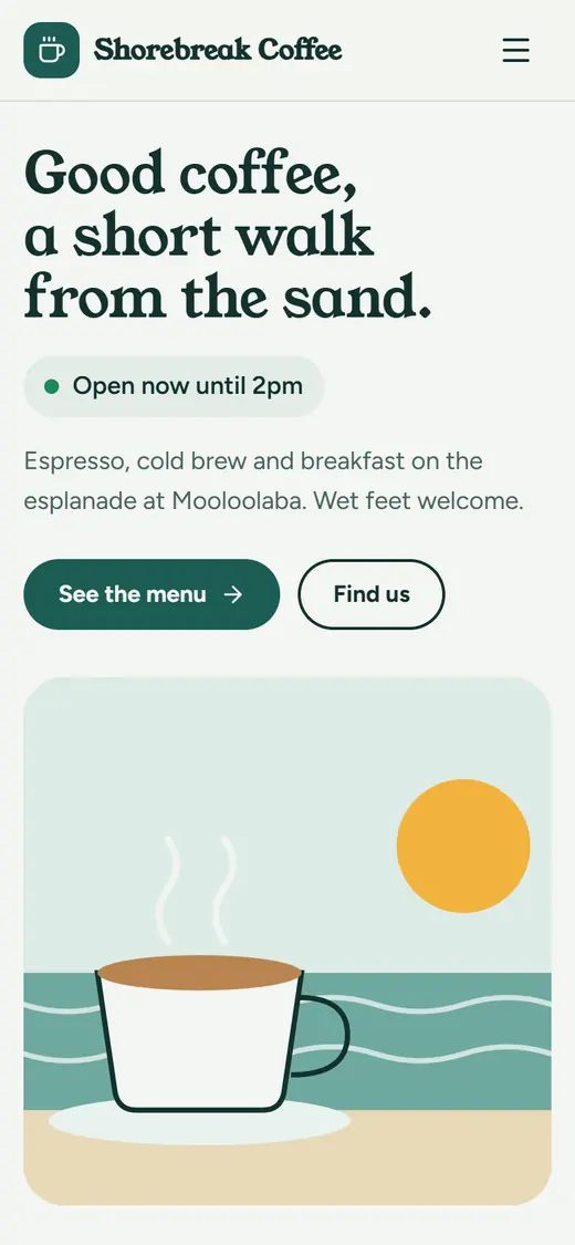 The Shorebreak Coffee example website on a phone