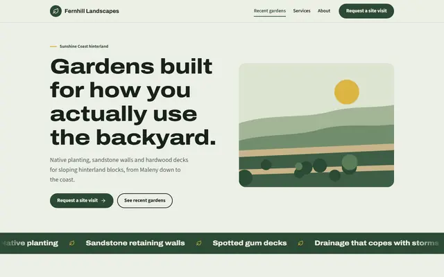 The Fernhill Landscapes example website, showing what a prototype looks like
