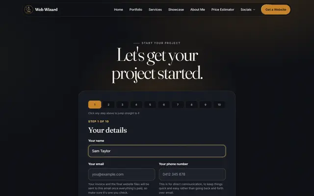 The Get a Website form on this site, first question