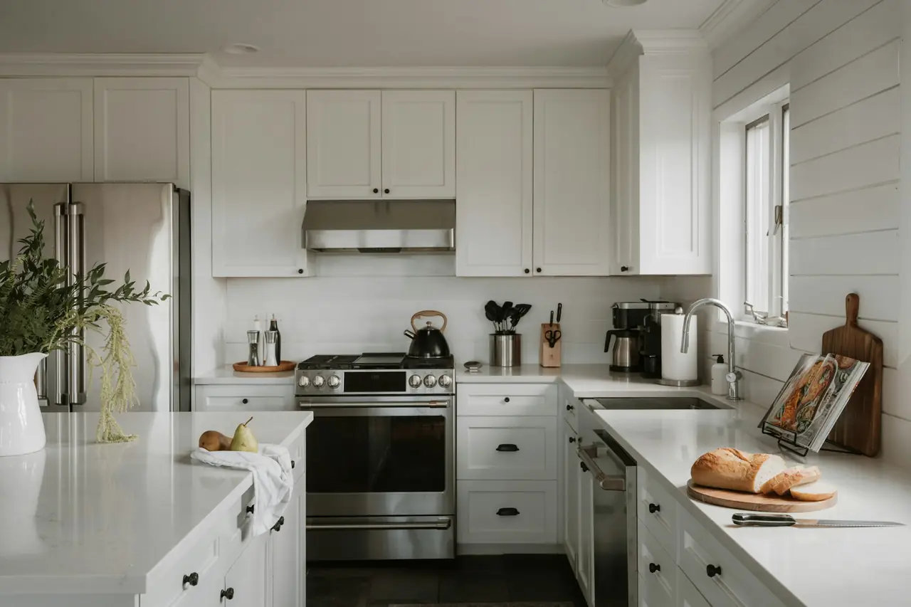 A gleaming white kitchen with stone benchtops and fresh bread on a board