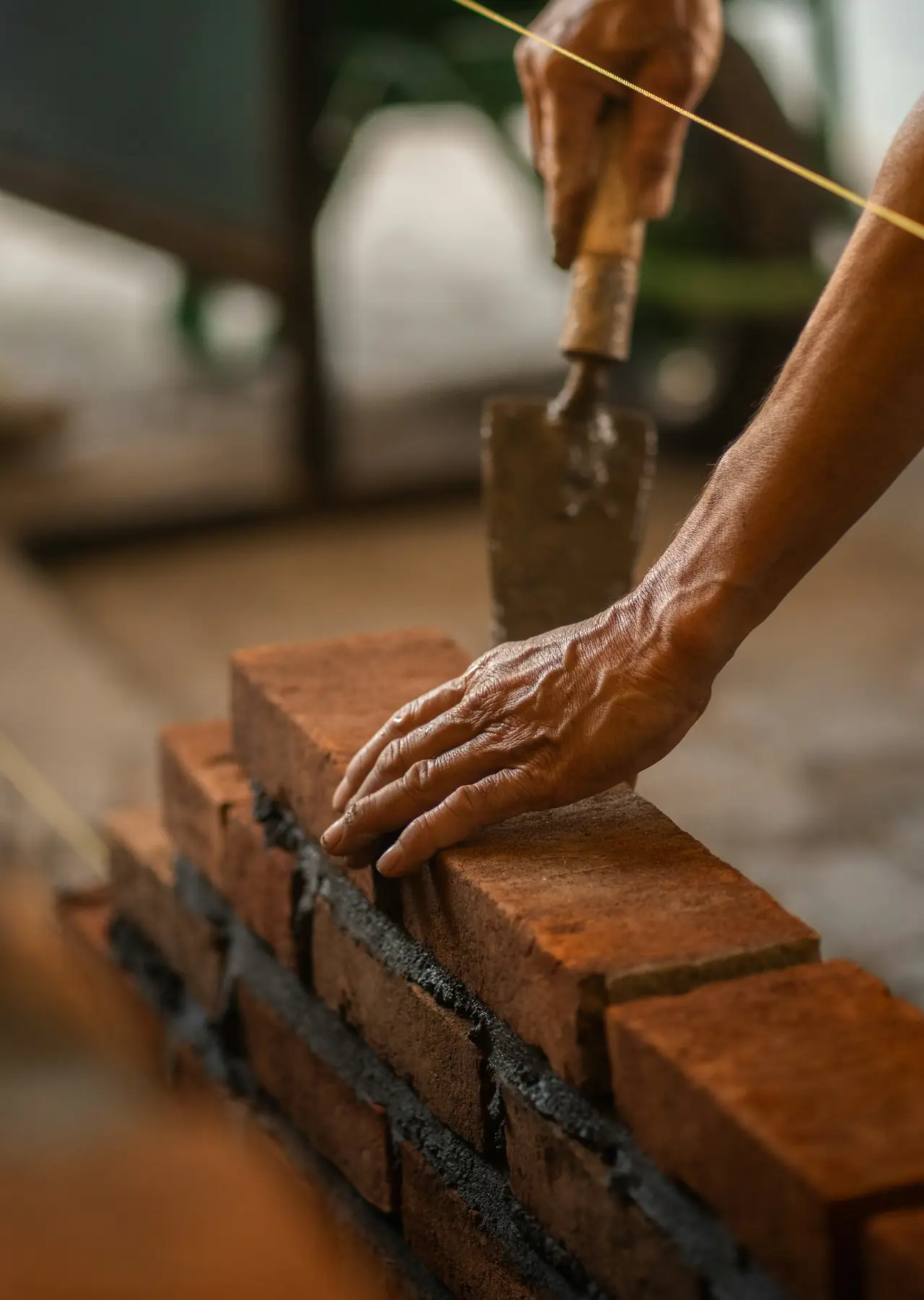 A bricklayer setting a red brick into mortar