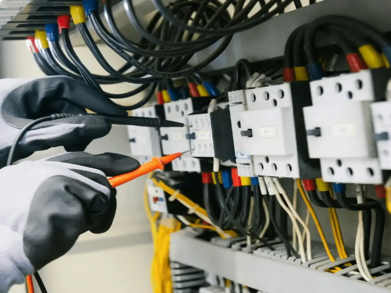 An electrician testing a switchboard with a multimeter