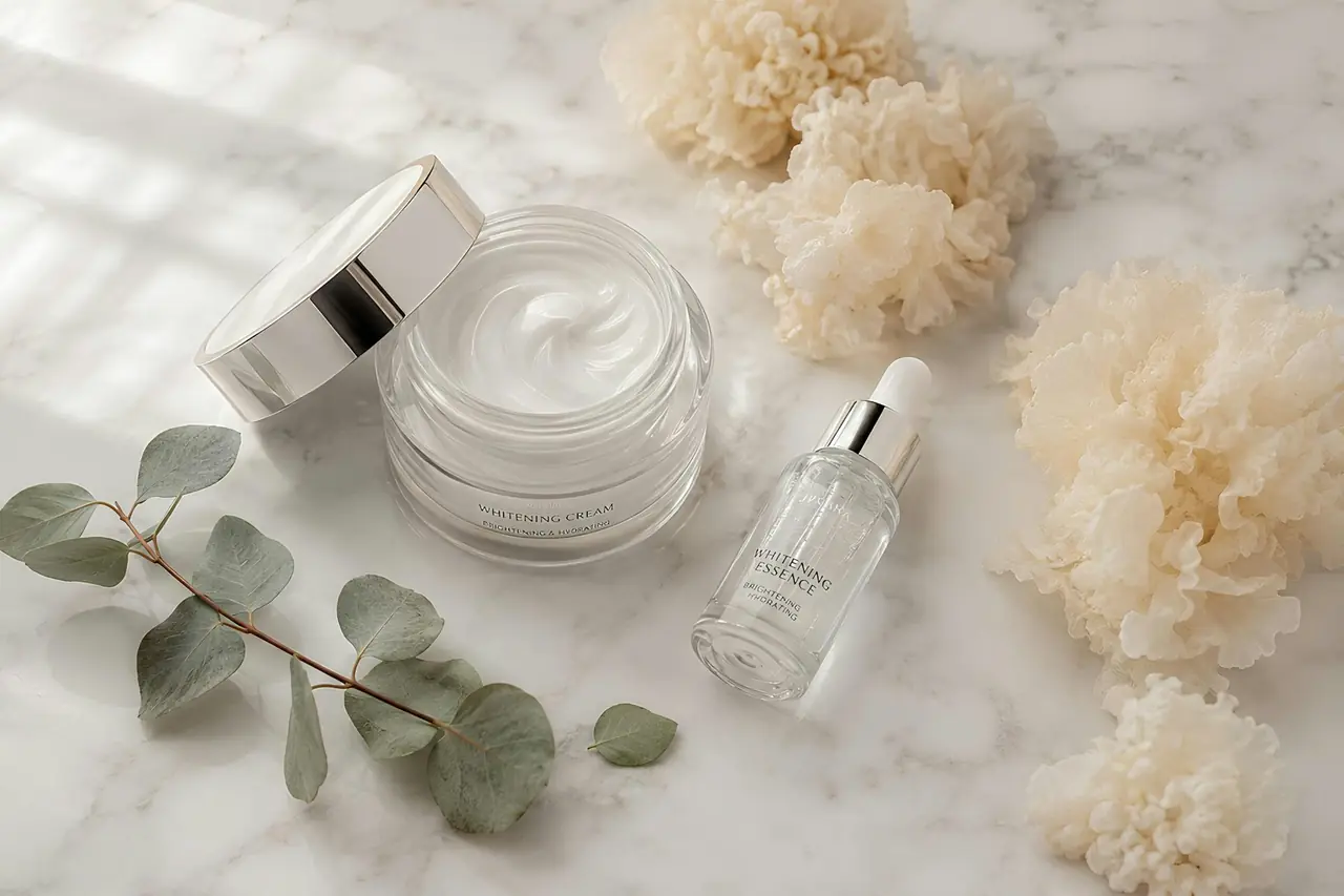 Cream jar and serum bottle on marble with pale flowers