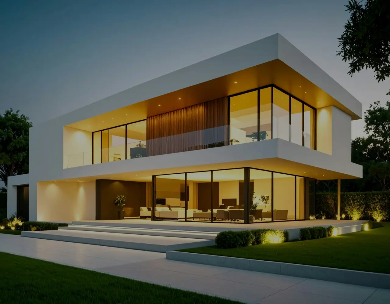 A modern two-storey home lit up at dusk