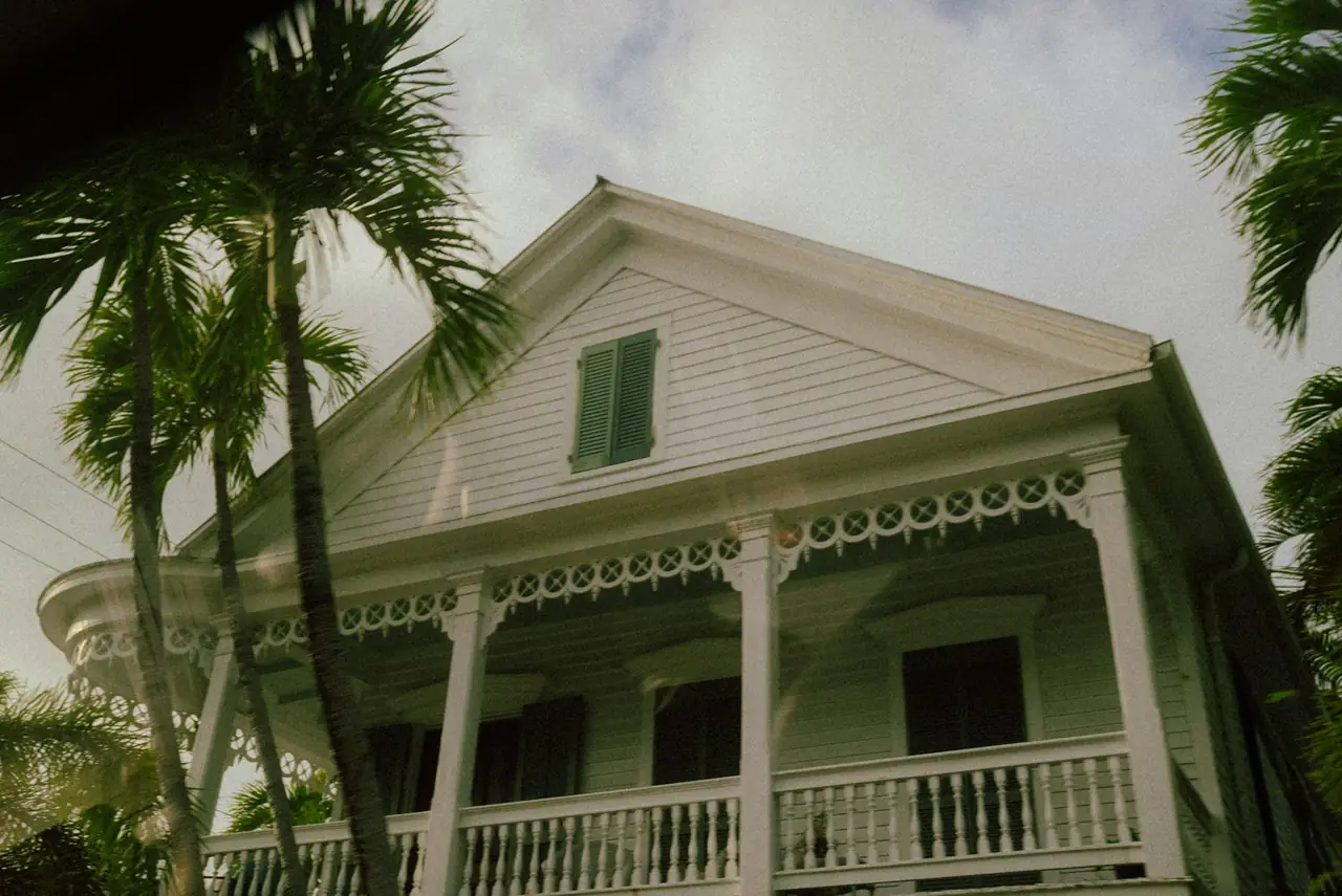 A white Queenslander with a verandah and palms