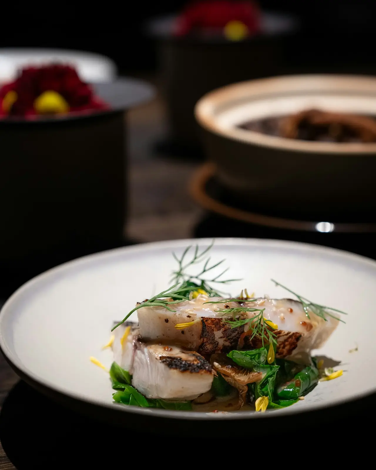 Scallops and greens on a white plate on a dark table